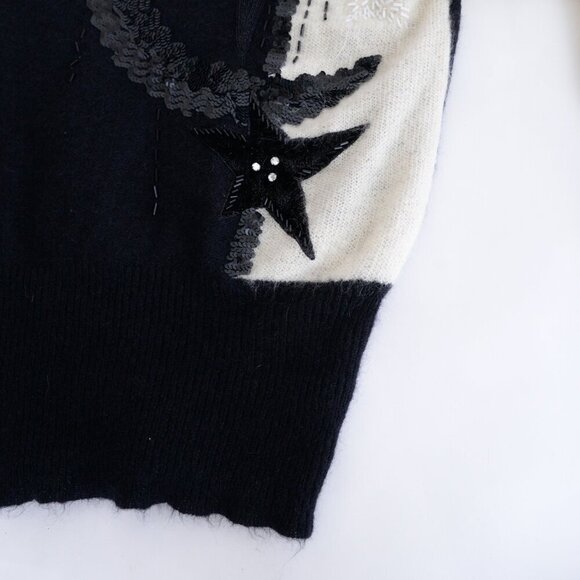 Vintage Escada Black Cream Colour Blocked Sequin Fine Knit Bat Wing Sweater M - Picture 6 of 11